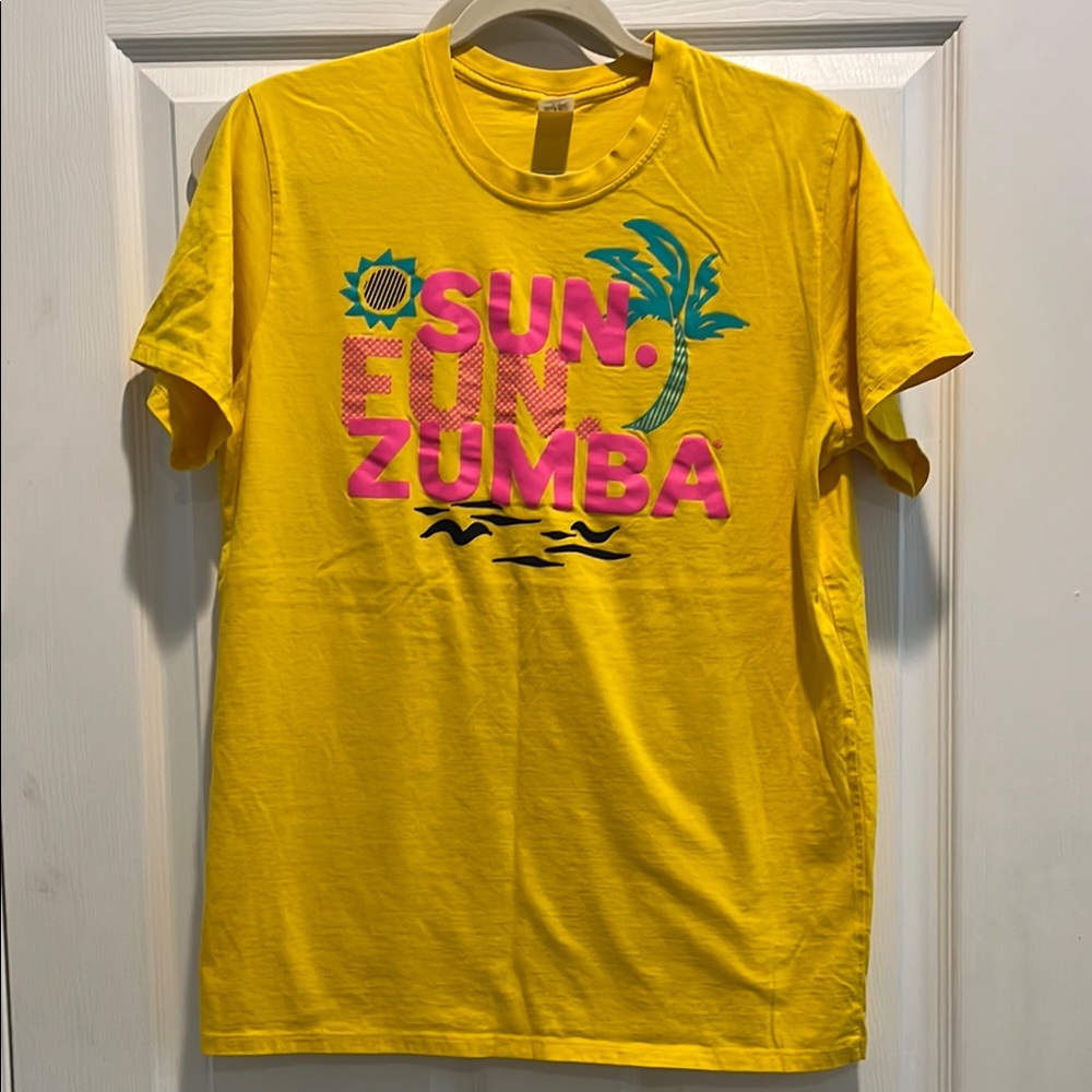 Zumba Fitness Yellow Tee with Pink and Blue Accents